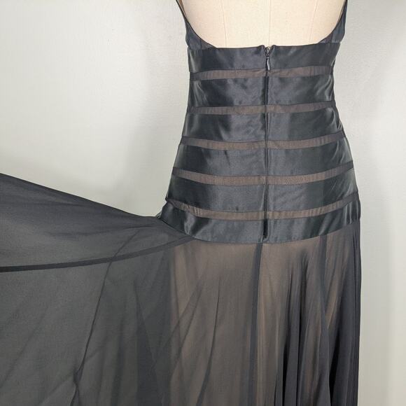 BCBG Maxi Dress Silk Gown 4 Black Tan Y2K  Whimsigoth Goth Sheer Witchy Halter - Picture 7 of 14